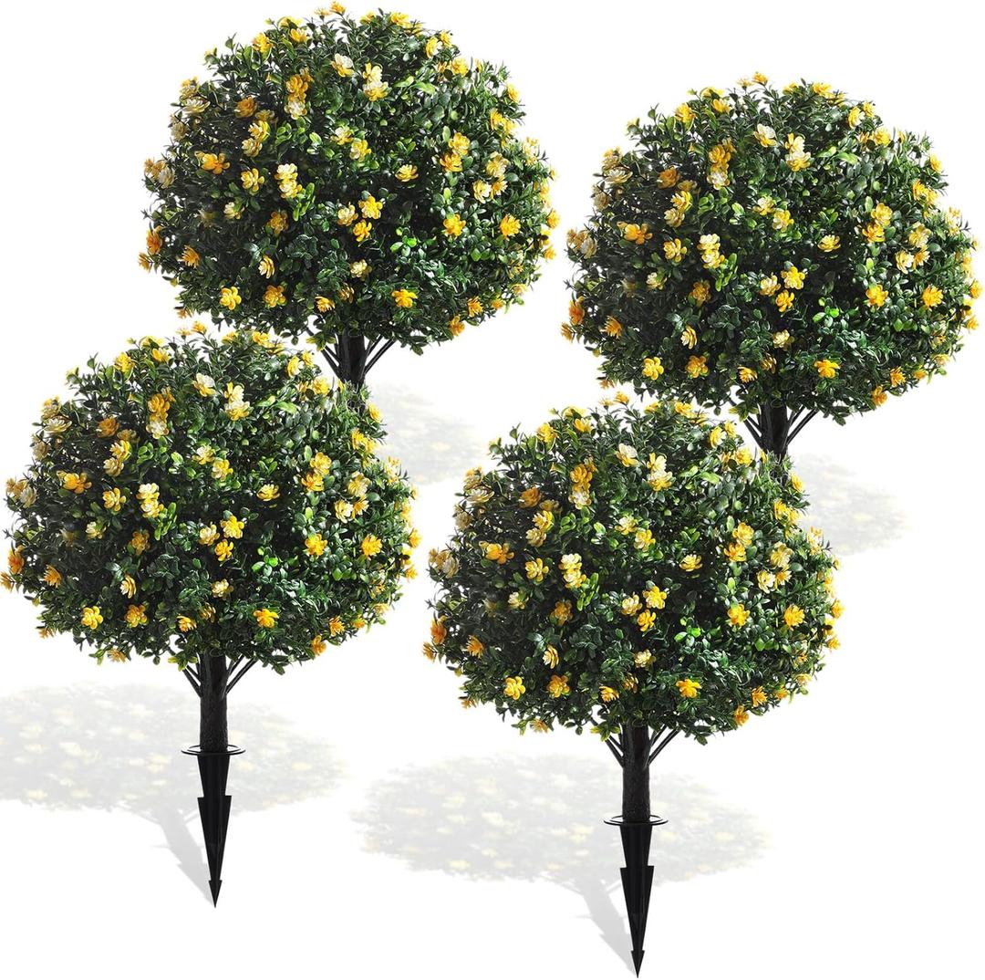 Yunlly 4 Pcs Artificial Boxwood Topiary Ball Tree 27 Inch Outdoor Boxwood Balls with Flower Faux Bush, UV Resistance Fake Shrub Plant with Spike for Garden Porch Patio Decor (Yellow)