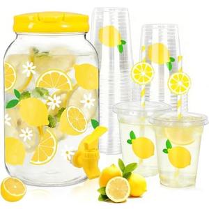 AnyDesign 1 Gallon Summer Lemon Plastic Drink Dispenser with 50 Pcs Disposable Plastic Cups Lids Straws Lemonade Stand Supplies Fruits Beverage Water Dispenser with Spigot for Juice Ice Tea Beer