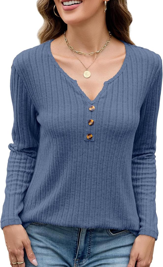 Edelqual Womens Long Sleeve Tops Fall Winter Sweater Casual Henley V Neck Shirts Light Tunic 2025 Fashion Trendy Clothes (M)