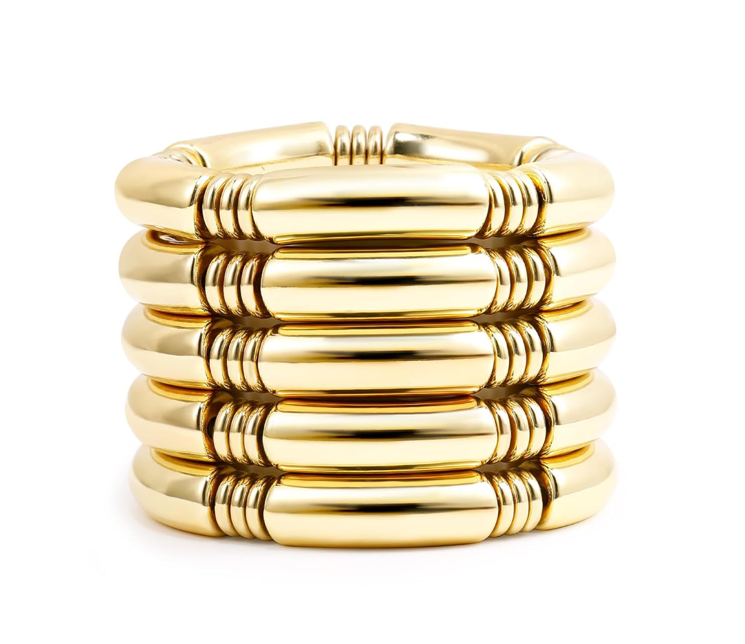 Gold Chunky Bangles Bracelets For Women 14k Gold Plated Stack Layered Curved Bamboo Tube Stretch Bracelets Gift Jewelry