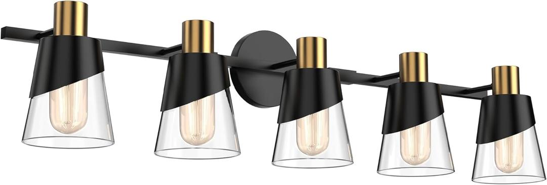 URSOLA Bathroom Light Fixtures, 5 Lights 36inch Black and Gold Vanity Light, Bathroom Lighting Fixtures Over Mirror, Wall Light with Clear Glass Shade, E26 Base (Bulbs Not Included)