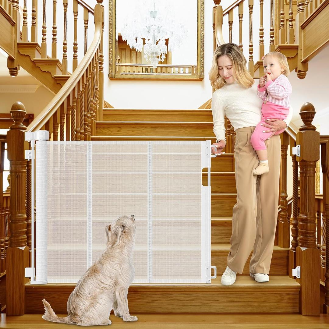 Reinforced Retractable Baby Gates for Stairs 55 Inch Reinforced Strip Baby Stair Gate Retractable Dog Gate for Stairs Retractable Gate for Stair Post, Banister to Banister, Banister to Wall, Doorway (White)