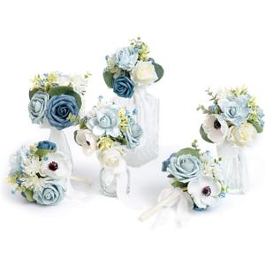 Ling's Moment Dusty Blue Wedding Table Centerpieces Mini Bridesmaid Bouquets Set of 6 Light Blue Rose Bouquets Pre-Made Floral Wedding Centerpieces for Reception Decor (Dusty Blue)
