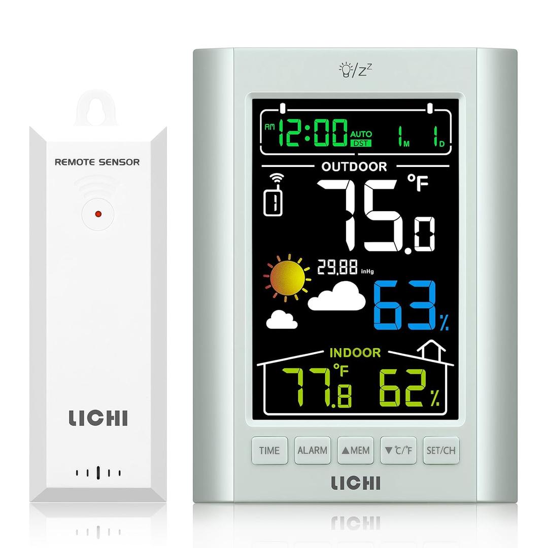 Weather Station Wireless Indoor Outdoor Thermometer Inside Outside Temperature Humidity Monitorwith 330ft Range Sensor and Adjustable Backlight (Grey)