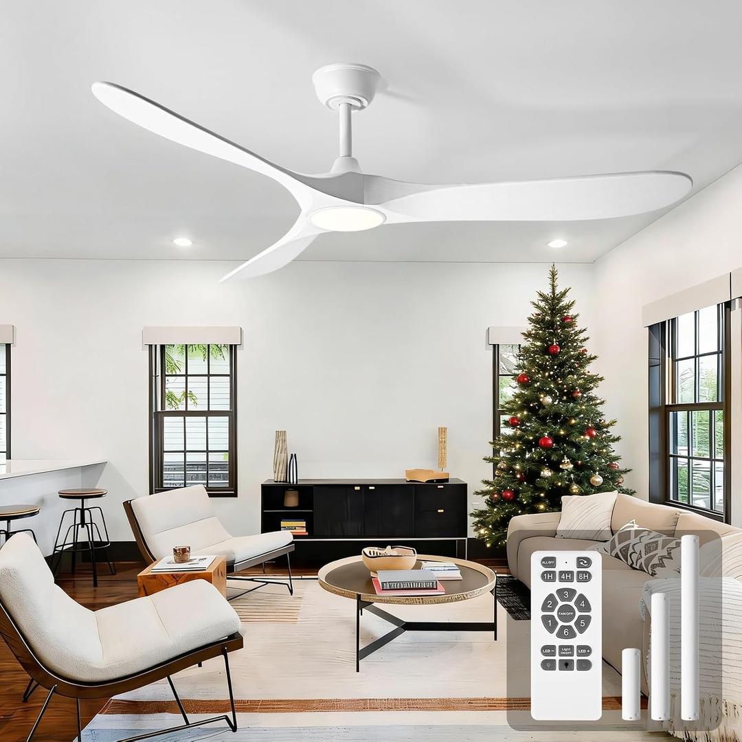 52 Inch Ceiling Fans with Lights and Remote, Wood Outdoor Ceiling Fan with 6 Speed Noiseless DC Motor, Indoor Modern 3 Blade Propeller Ceiling Fan for Bedroom Living Room Gazebo Patio (White)