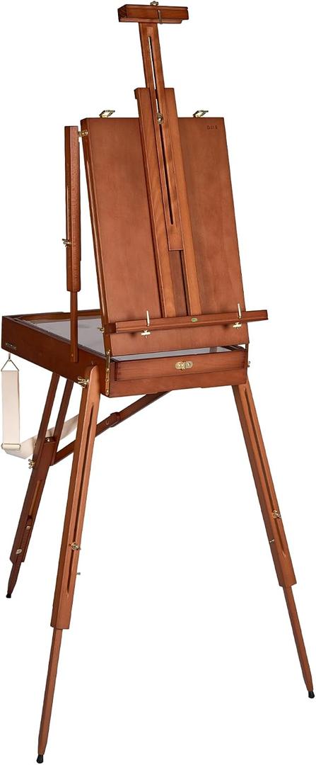 DJAR French Easel with Shoulder Strap, Adjustable Beech Wood Art Easel with Drawer, Palette, Level Instrument & Scale Leg, Studio Tabletop Floor Easel for Artists, Hold Canvas up to 34", Walnut