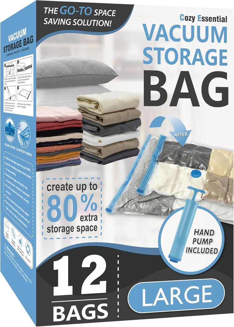 Cozy Essential Vacuum Storage Bags, 80% Compression Vacuum Seal Space Saver Plastic Packaging Bags for Clothes, Blankets, Pillow, Bedding, Comforters, Sealer Clothing Storage,12 Large