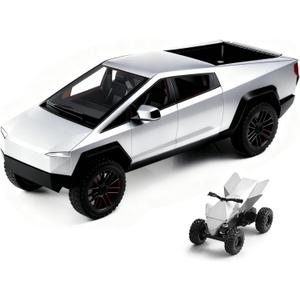 LLWEIT 1:32 Scale Toy Trucks Die-Cast Metal Body,Pull Back Car with Opening Doors with Metal Motorcycle,Boy Truck Toy for Age 3+ (Small, Silver)