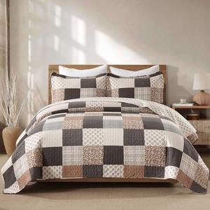 Finlonte 100% Cotton Queen Quilt Set, Farmhouse Plaid Queen Quilted Bedspread, Brown Grey Beige Lightweight Comforter Bedding Set for All Season, 3-Piece, 90x98