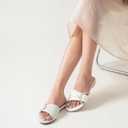 Women's Flat Sandals Rhinestone Strappy Buckle Slides With Soft Memory Foam Insole, Dressy Beach Leather Slippers for Summer Vacation (7, White)