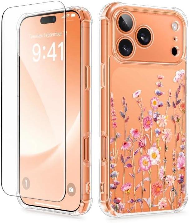GVIEWIN for iPhone 17 Pro Max Case, with Screen Protector+Full Camera Protection, [NonYellowing]Clear Floral Slim Shockproof Protective Women Phone Case for iPhone 17 Pro Max 6.9", Floratopia/Colorful