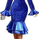 Cololura Women Elegant Sexy Sequin Off Shoulder Ruffle Sleeve Bodycon Mermaid Cocktail Formal Party Ball Gown Midi Dress (Large, Blue)