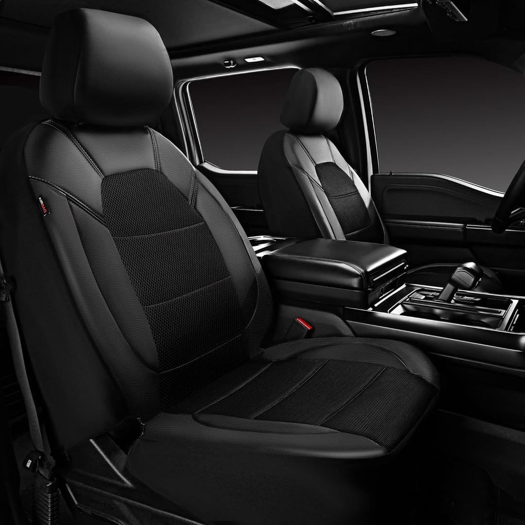 CAR PASS Leather Car Seat Covers Front Seats only, with Air Mesh Front Seat Covers Breathable, Cool Automotive Seat Covers 2 Pack, Universal Fits Most Cars,SUVs,Trucks,Vans Airbag Compatible (Black)