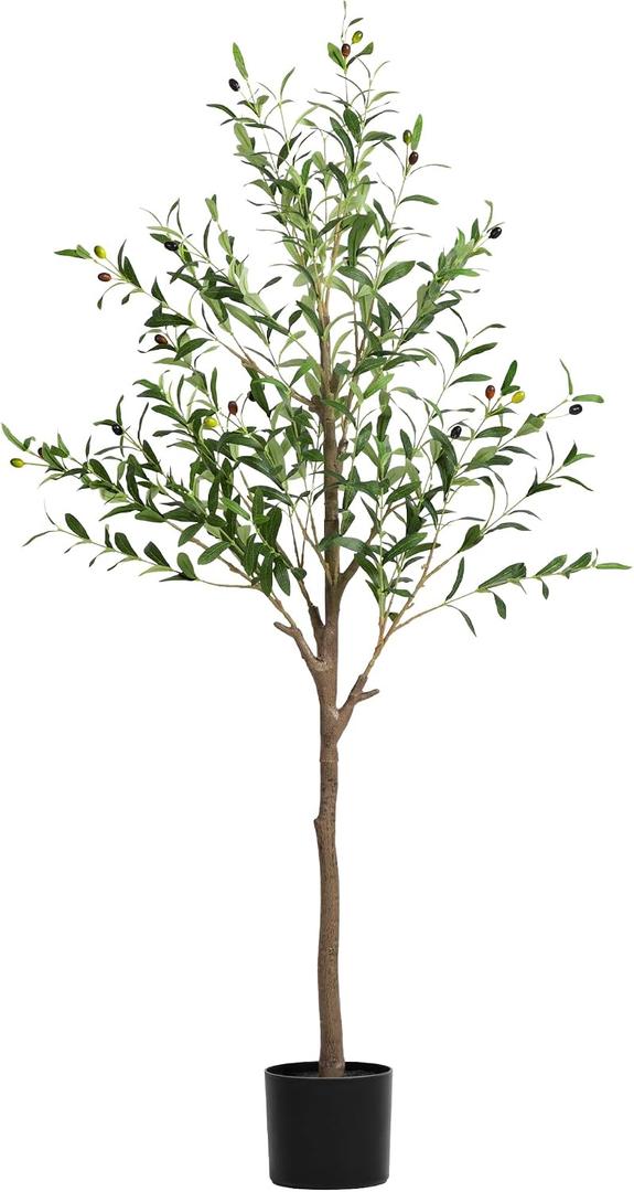 Olive Tree Artificial Indoor, 5 FT Faux Olive Trees with Planter, Fake Tall Plants with Natural Trunk and Lifelike Fruits for Home Office Decor(1, 5FT)