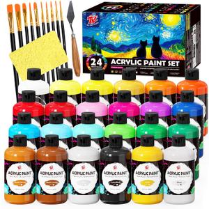 TBC The Best Crafts 24 Colors Acrylic Paint Set, 250ml (8.45oz) Each, Non-Toxic, Includes 10 Professional Brushes + Sponge + Painting Knife, for Canvas Wood Ceramic Rock Painting & DIY Crafts for Adults Artists