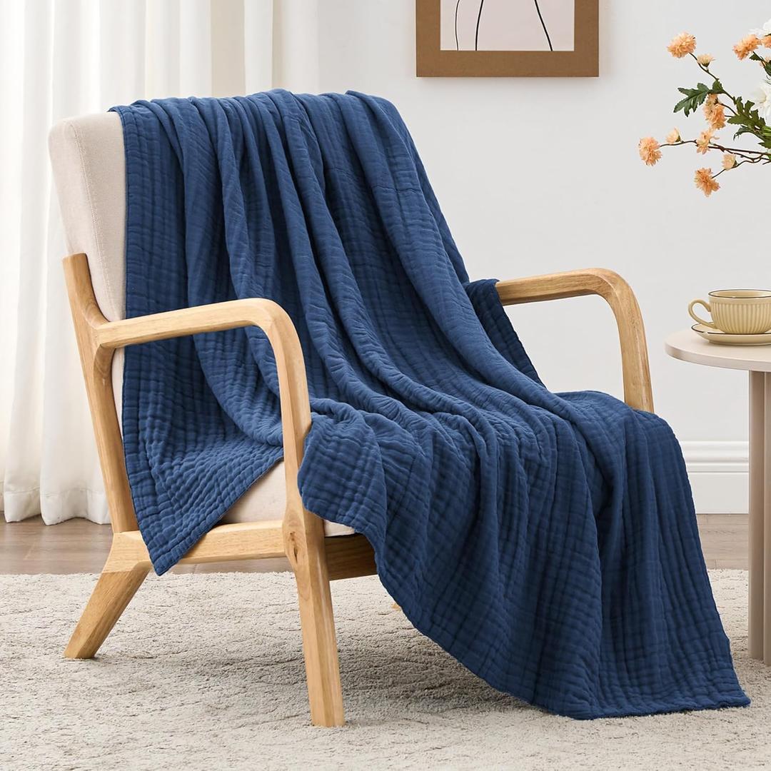 Love's cabin 100% Cotton Muslin Blanket, 6 Layer Lightweight Breathable Gauze Throw Blanket 50 x 60 Inches, Soft All Season Blanket for Couch, Bed, Sofa, Dark Blue