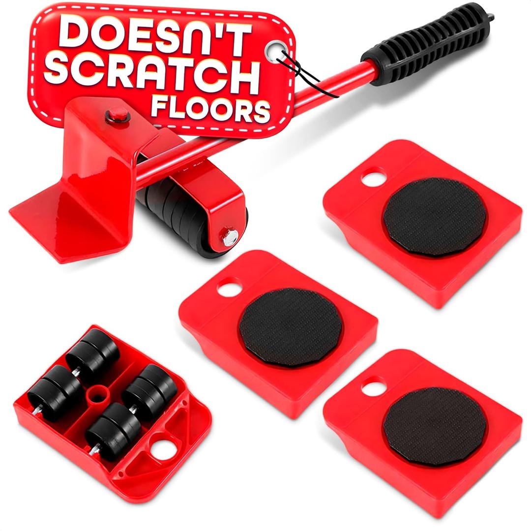 Heavy Furniture Movers with Wheels - Furniture Lifter Tool Set with Appliance Slider for Tile and Hardwood Floors, Weight Load Up to 220 Lbs - Compact Design, Easy-to-Use for Heavy Household Items, Red