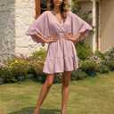 Aoysky Womens V Neck Casual Dresses Summer Loose High Waist Ruffle Pleated Cute Mini Short Dress (Pink, XXXL)