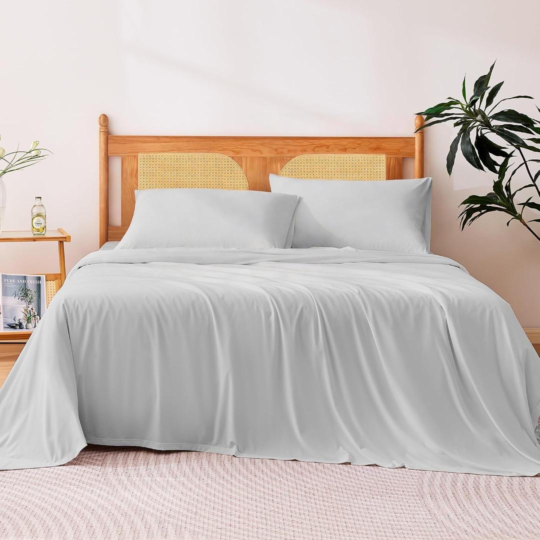 Amazon Basics Cooling Sheets, 4 Piece 100% Recycled Polyester Bed Sheet Set for Hot Sleepers, Breathable, 15-Inch Deep Pocket, King, Gray