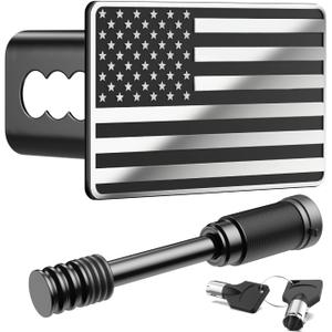 Heavy American Flag Metal Trailer Hitch Cover for 2 inch Receivers, Tow Hitch Covers 2 Inch for Truck Accessories with 5/8-Inch Pin Diameter Trailer Hitch Lock, Black and White