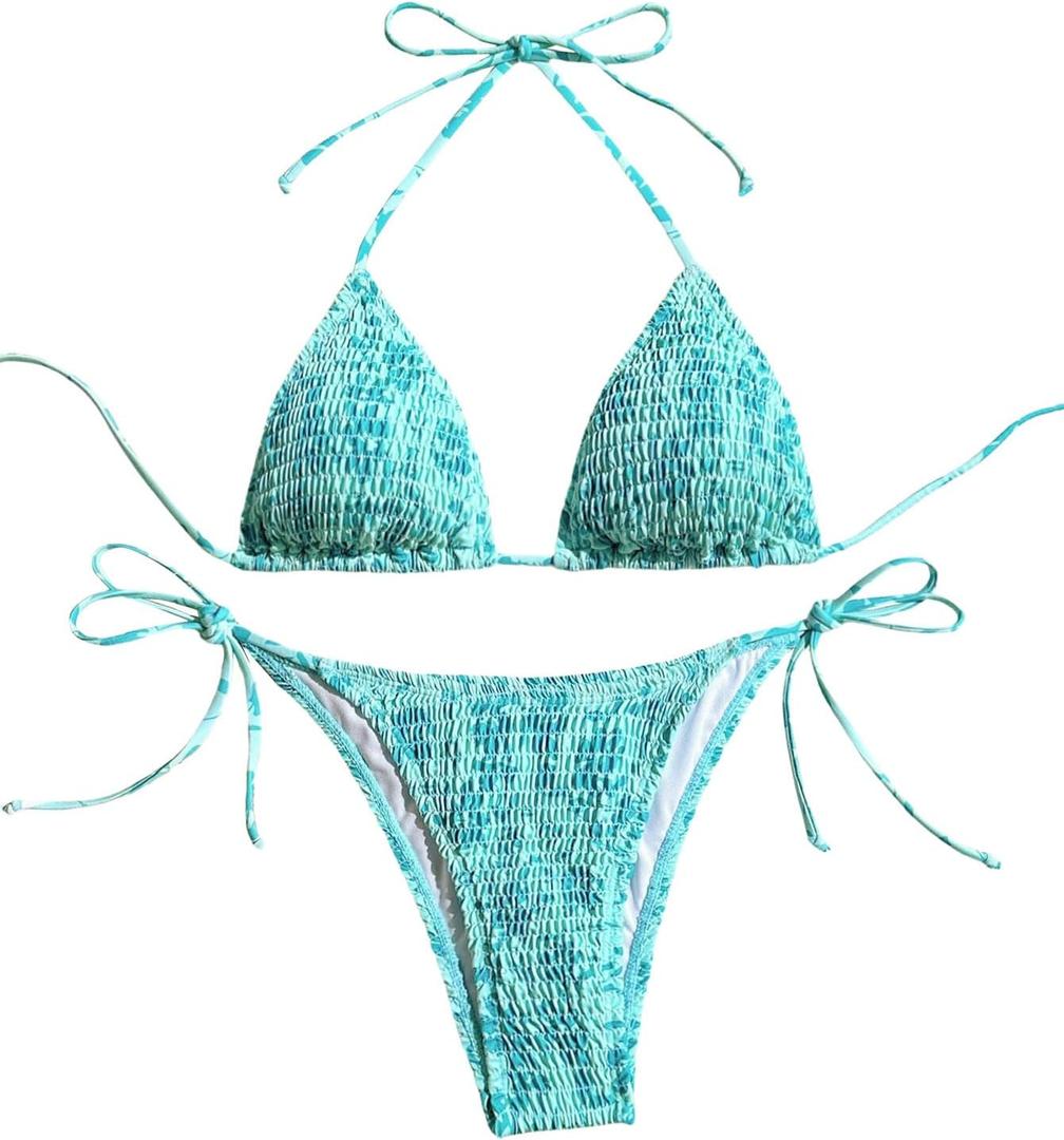 SHENHE Women's 2 Piece Smocked Triangle Bikini Sets Halter Drawstring Side Cute Swimsuits Floral Mint Blue, X-Small