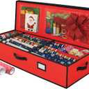 Christmas Wrapping Paper Organizer Storage Box, Straps/Pockets, 40" Heavy-Duty Gift Wrap Storage Holder for Bags, Bows, Tags, Ribbons, Holiday Decorations, Fits Up to 24 Rolls Underbed Container (Red)