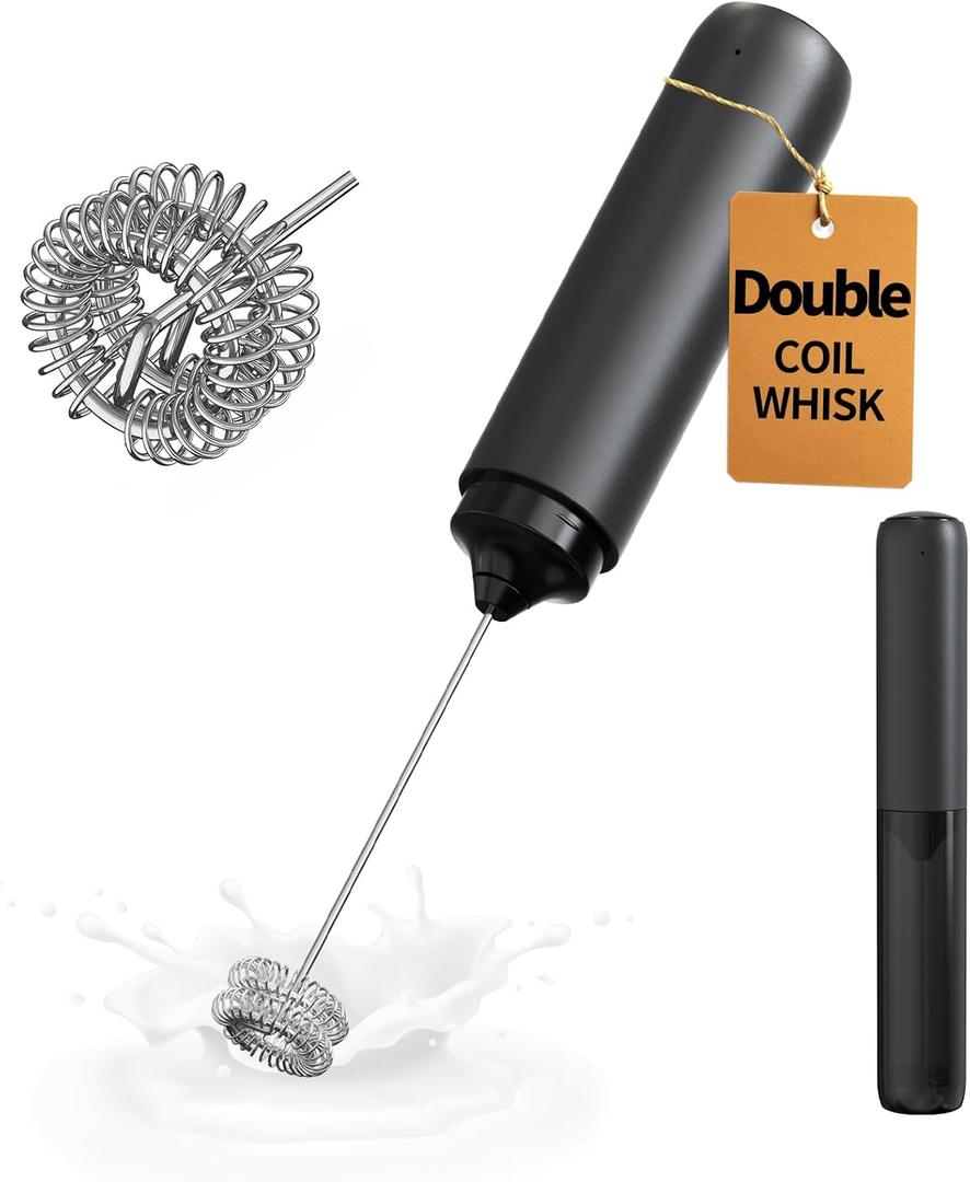 CIRCLE JOY Rechargeable Milk Frother Hanheld, Dual Coil Whisk Head Electric Coffee Frother, Portable Hand Frother Wand Drink Mixer for Matcha Lattes Cappuccino, Kitchen Gifts, Black (Storage Tube Black)