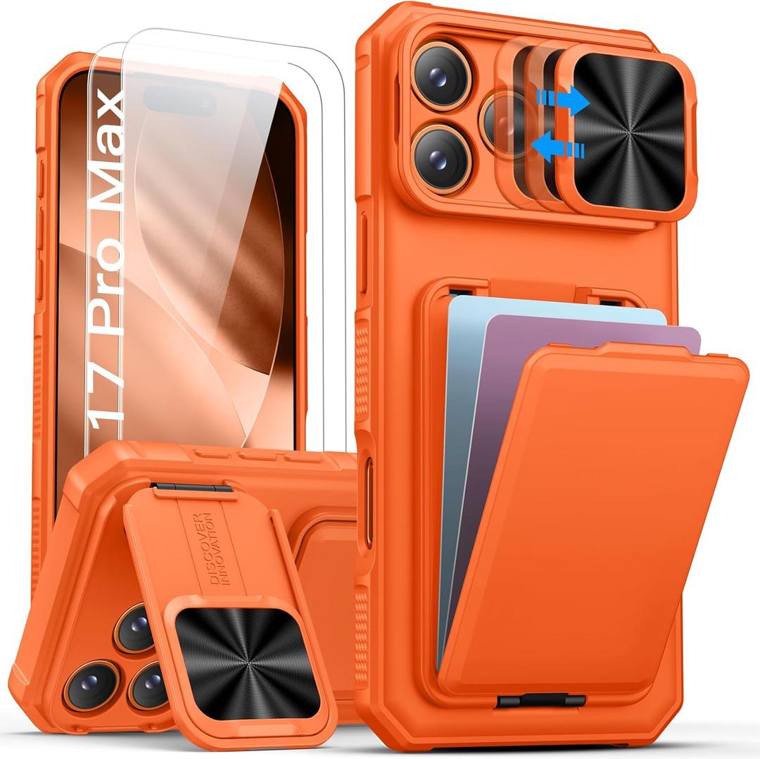 SSLOTSCASE for iPhone 17 Pro Max Case with 2X Screen Protector, Card Holder & Kickstand & Slide Lens Cover & Camera Stand & Wallet, Men Women Drop Protection Case Cover for iPhone 17 Pro Max, Orange