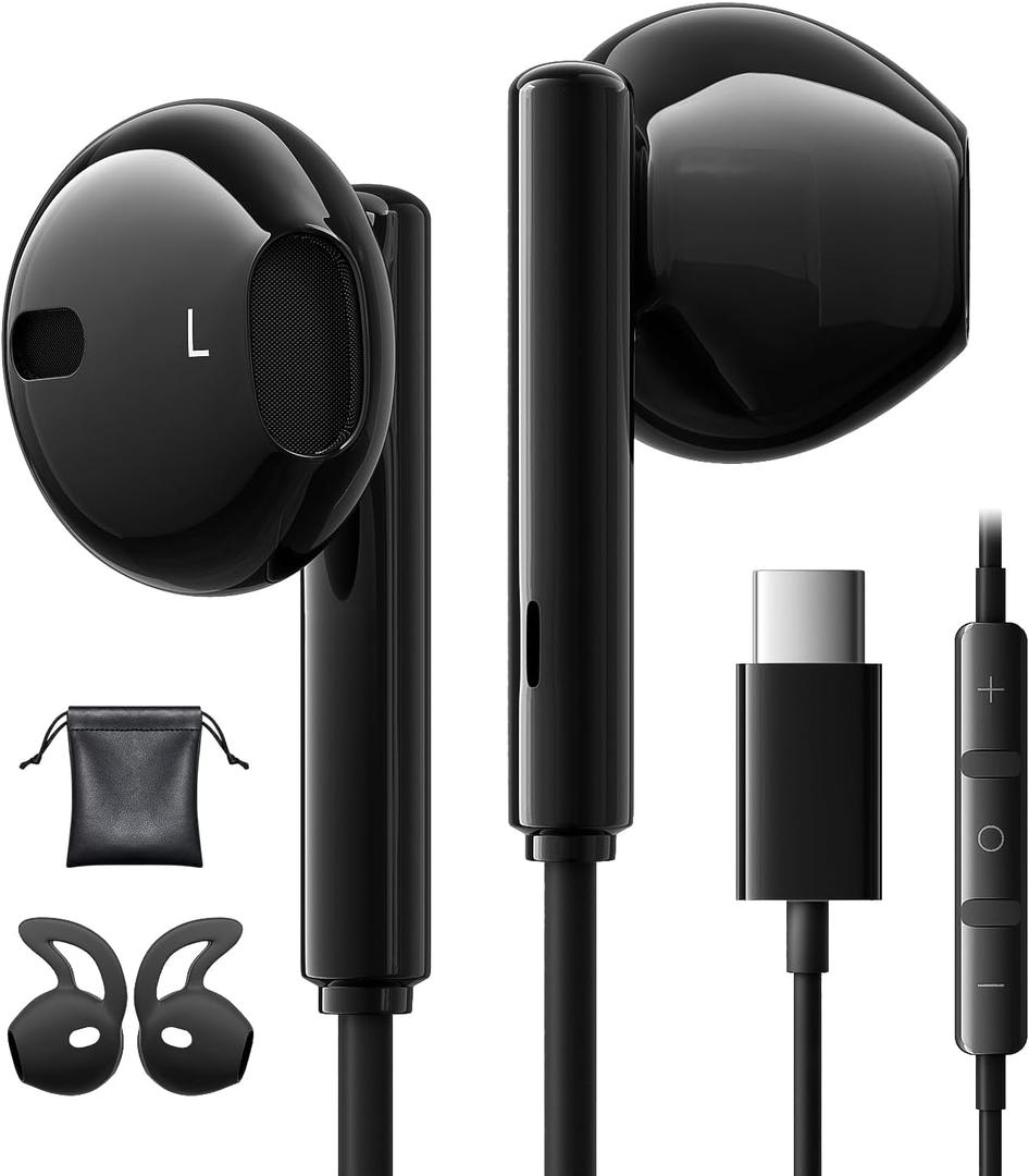 Wired Earbuds USB C for Samsung Galaxy S24 S23 S25 Ultra S22 A55 A56 A16 for iPhone 17 16 Pro Max 15 Plus iPad 10 Pro Earphones Wired in-Ear with Microphone Volume Control Stereo USB C Earbuds