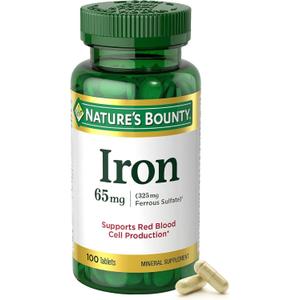 Natures Bounty Iron 65mg, 325 mg Ferrous Sulfate, Cellular Energy Support, Promotes Normal Red Blood Cell Production, 1 Serving Per Day, Gluten Free, 100 Vegetarian Tablets