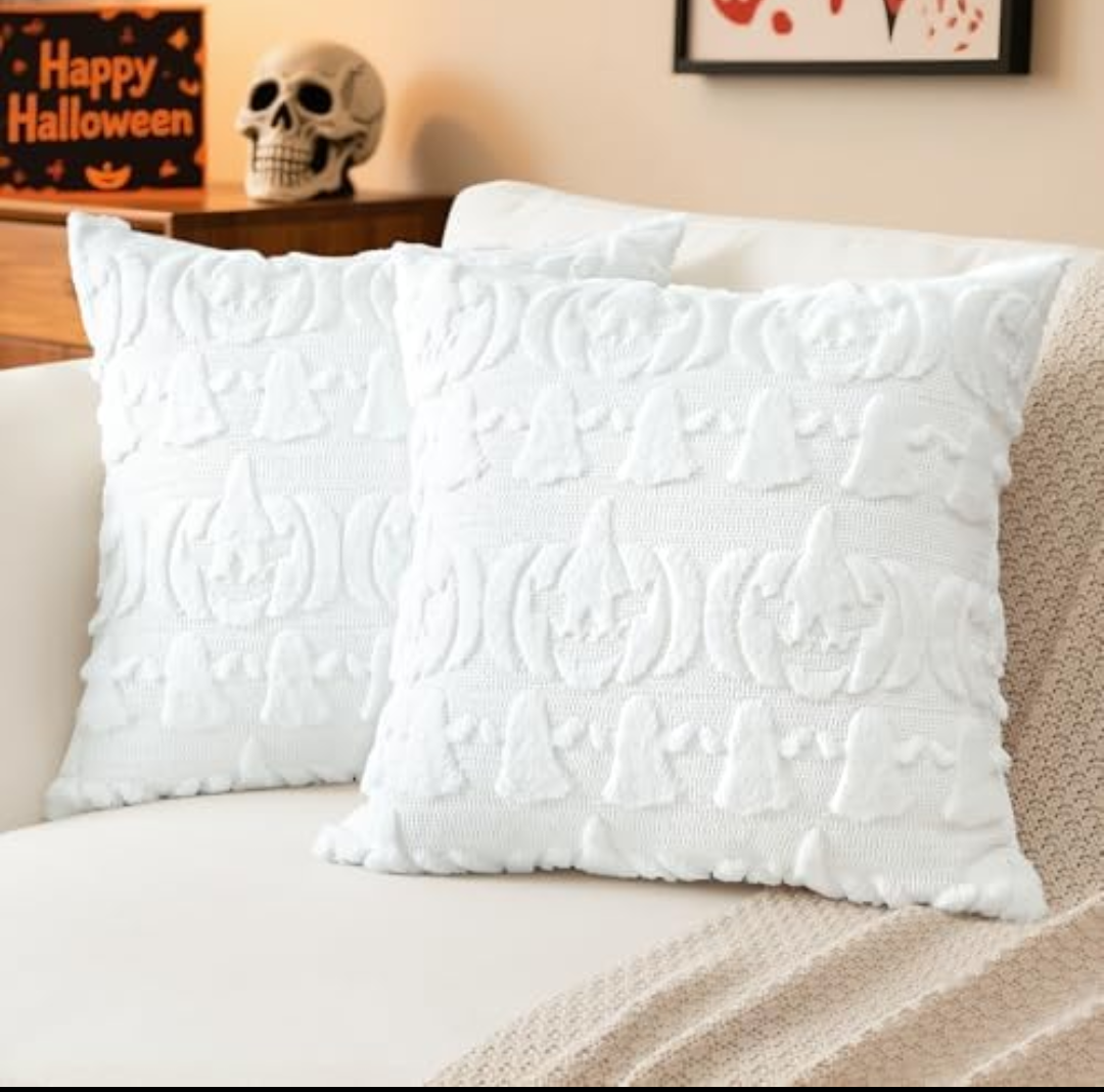 Pack Of 3 Artscope Halloween Pillow Covers 18 x 18 Set of 2 Decorative Ghost Holiday Pumpkin Throw Pillow Cases Soft Plush Faux Fur Couch Cushion Case for Farmhouse Halloween Sofa Bed Room Home Decor-White