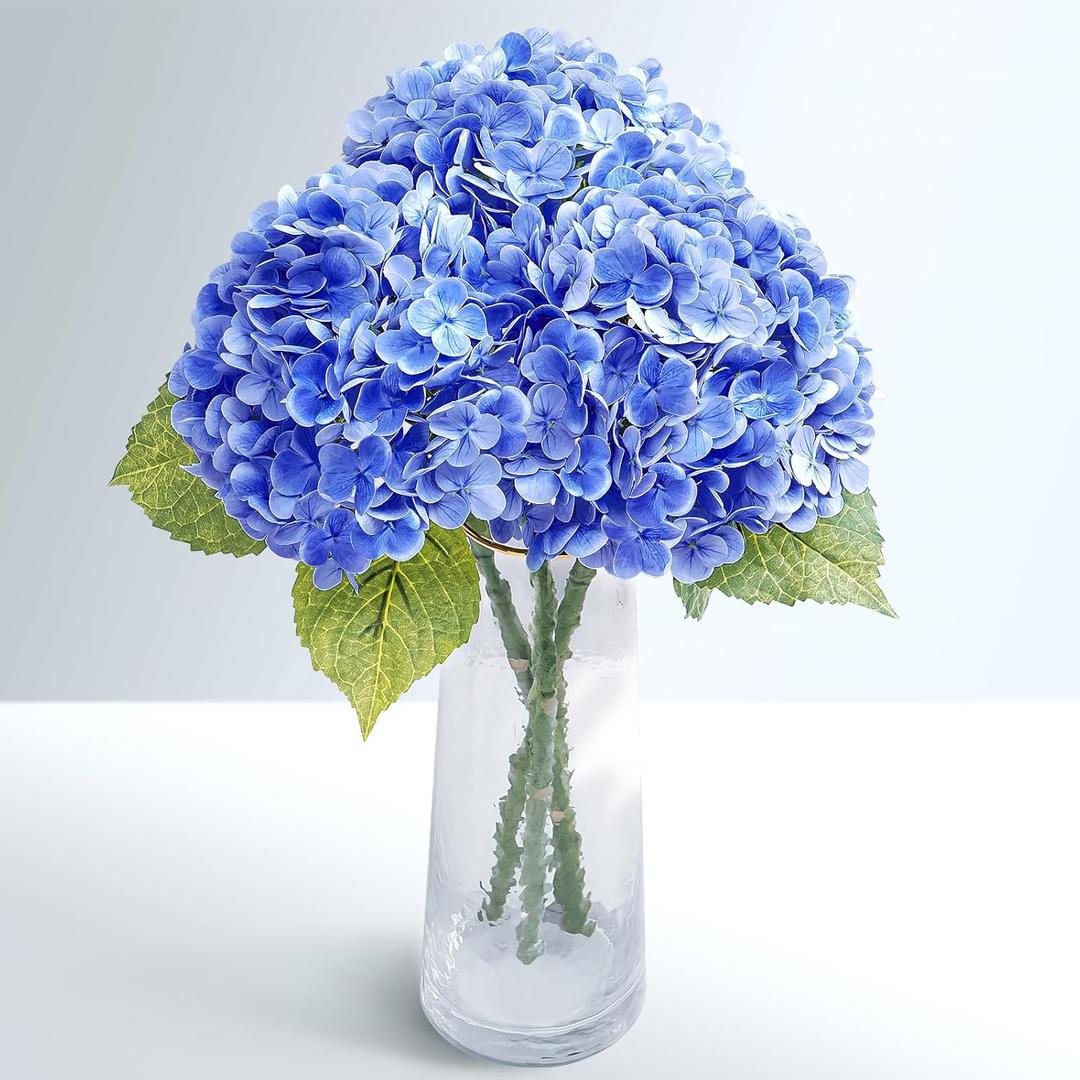 Waipfaru 21" Real Touch Dark Blue Hydrangea Artificial Flowers with Long Stem & Leaves, Full Latex Faux Hydrangea Flowers for Home Decor Party Floral Arrangements Wedding Bouquets Centerpieces, 3Pcs
