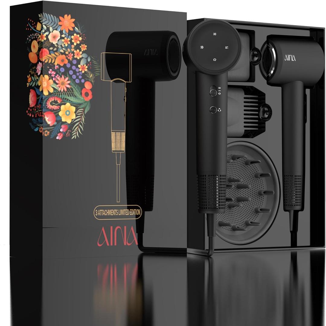 AINA Hair Dryer,Blow Dryer with Diffuser Brush Comb for Women - BLDC Hair Dryer - Brushless Motor, 110,000 RPM Lightweight,Ionic Travel, 3 Magnetic Attachments 110V/ALCI(Vader Black)