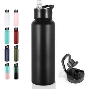 VEGOND 40 oz Insulated Water Bottle Stainless Steel Metal Water Bottles with Leak Proof Straw Lid & Spout Lid, Wide Mouth Double Walled Vacuum Travel Sports Bottle, Black
