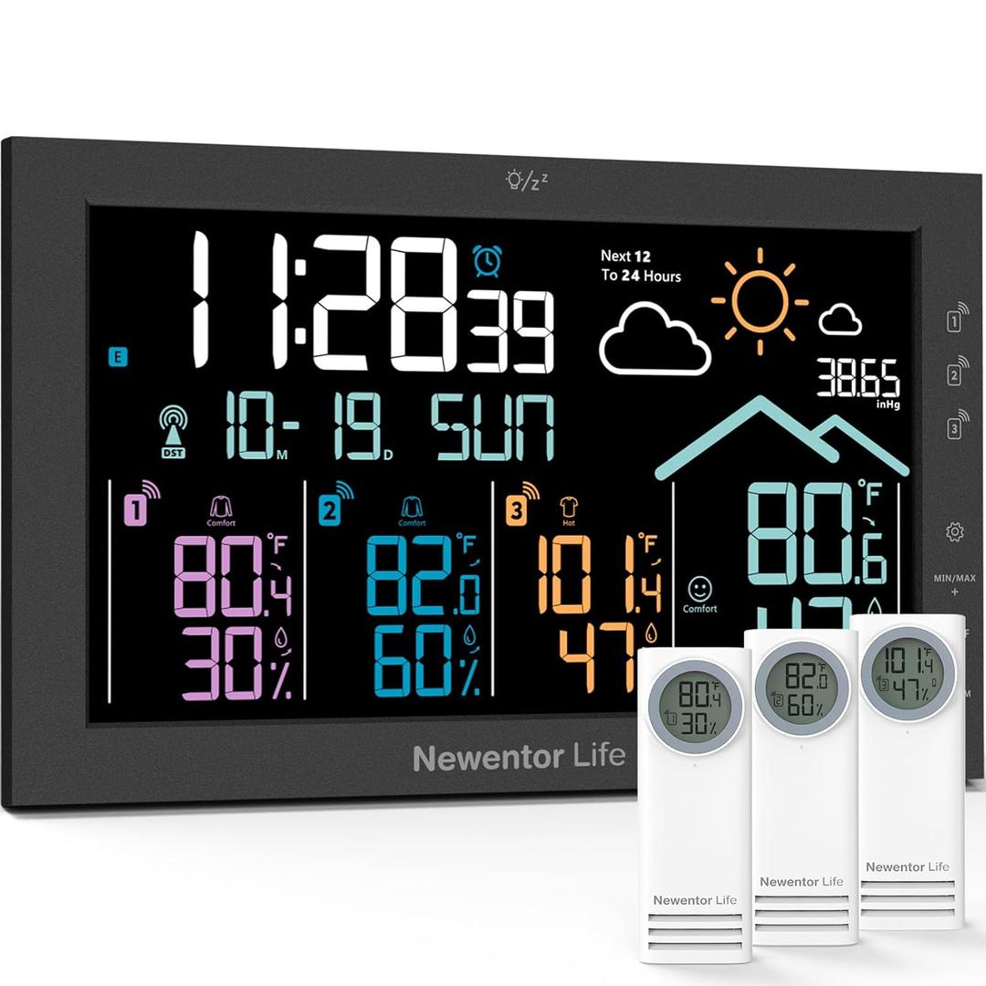 Newentor Weather Station Wireless Indoor Outdoor Thermometer, Home Weather Stations Digital Large Display, Atomic Clock with Multiple Sensors, Weather Forecast Temperature Humidity Barometer, Black