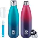BOGI Insulated Water Bottle, 17oz 2 Pack Stainless Steel Water Bottles, Leak Proof Sports Metal Water Bottles Keep Drink Cold for 24 Hours and Hot for 12 Hours BPA Free kids water bottle for School (2 Pack-Dark Blue Red + Blue Dark Blue)