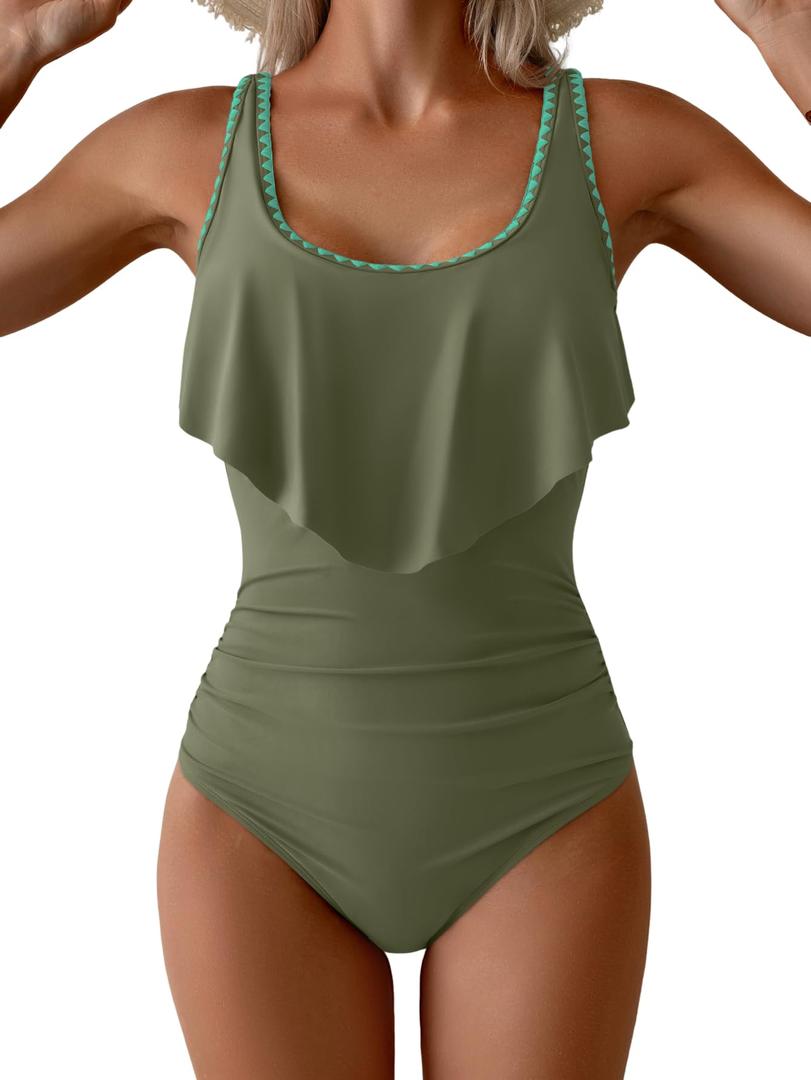 Ruffled Shell Stitched One Piece Swimsuit Tummy Control Bathing Suit