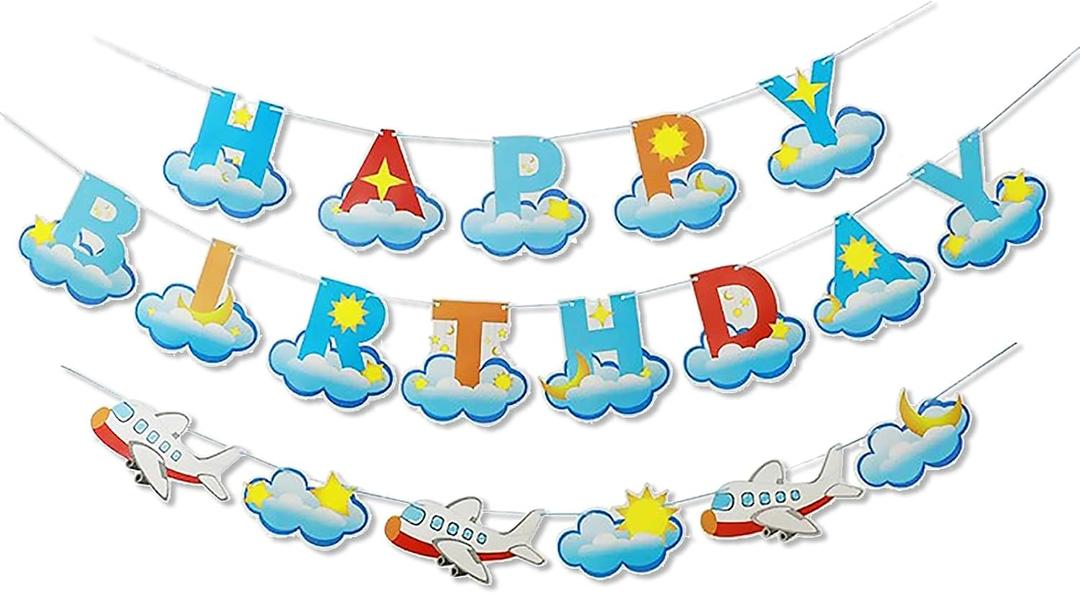 2 x Blue Happy Birthday Banner Sign Airplane Banner Birthday Party Supplies Nursery Hanging Decorations 19Pcs