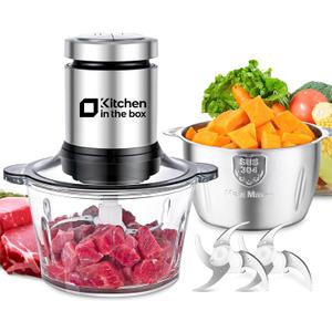 Kitchen in the box Food Processor, Electric Meat Grinder & Food Chopper with 400W Powerful Veggie Chopper-2 Bowls（8 Cup+8 Cup） & 2 Bi-Level Blades for Meat/Fish/Vegetable/Baby Food（Sliver Button）
