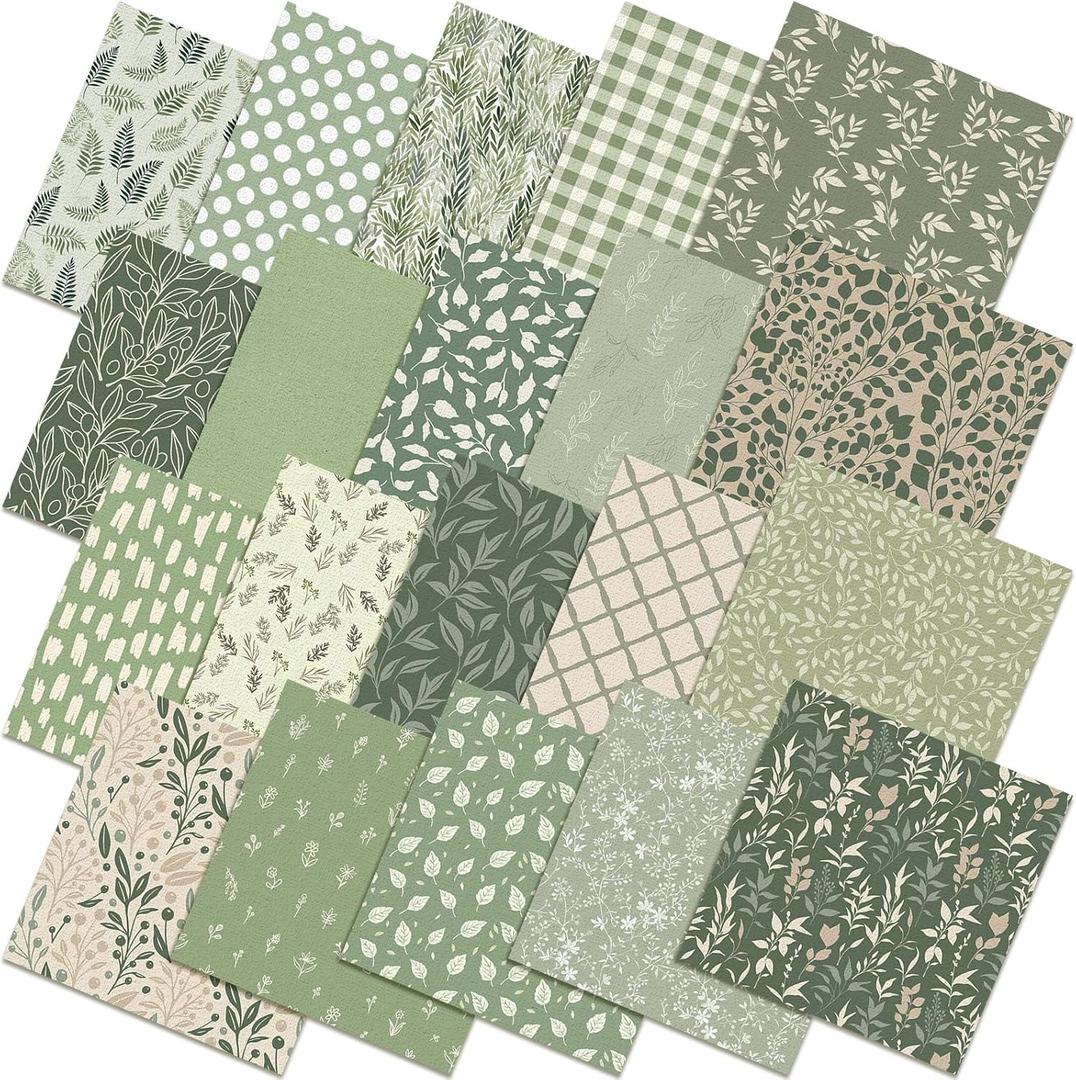 HunnmingRe 20 Pcs 10''x10'' Sage Green Quilting Fabric Square Greenery Precuts Quilted Fabric Bundle Gingham Polka Dot Spring Leaves Printed Sewing Material for Holiday Patchwork DIY Craft Supplies