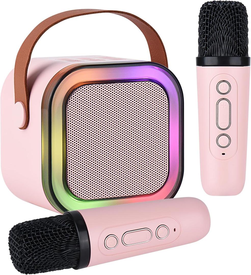 Karaoke Machine for Kids Adults, Mini Portable Bluetooth Karaoke Speaker with 2 Wireless Microphone and Lights,Toys for All Smartphones,Birthday, Family,Home Party Pinkcolor