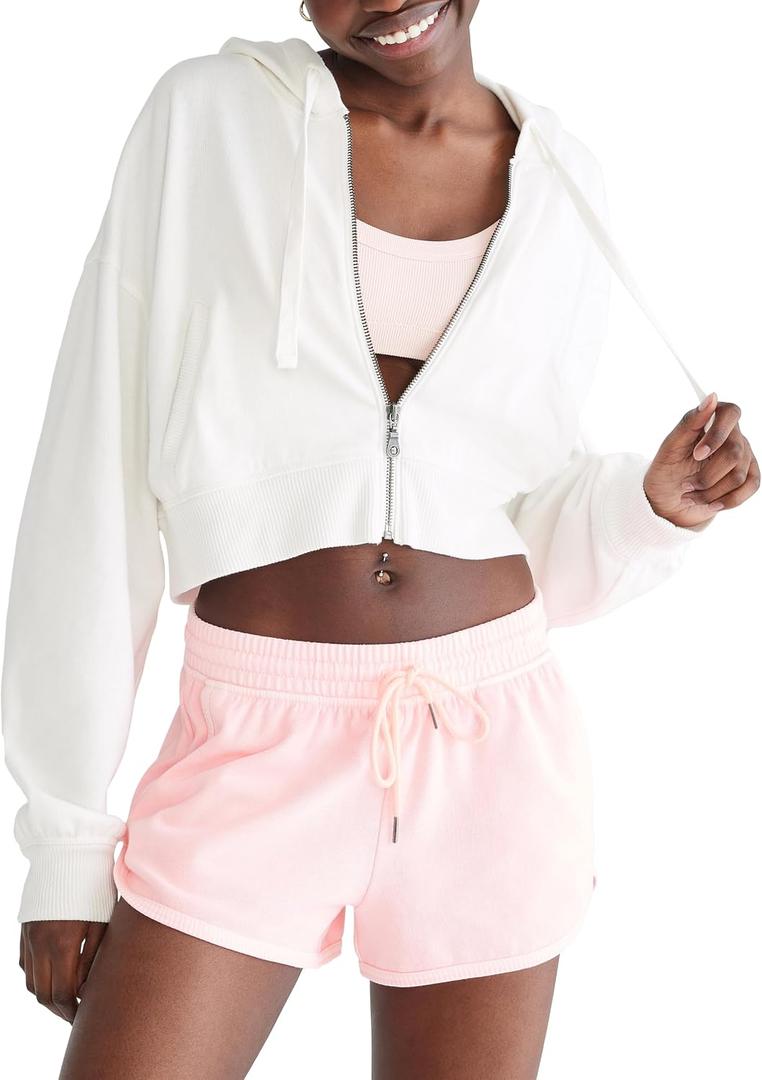 AEROPOSTALE Women's Cropped Full Zip Relaxed Fit Hoodie (White, M)