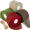 32Yards 2-1/2'' Christmas Ribbon Wired for Gift Wrapping, Burlap Ribbon Rolls in Spring Green Scarlet Dark Brown Khaki, Prefect Wired Ribbon for Christmas Tree Gift Wrapping Bows Wedding.