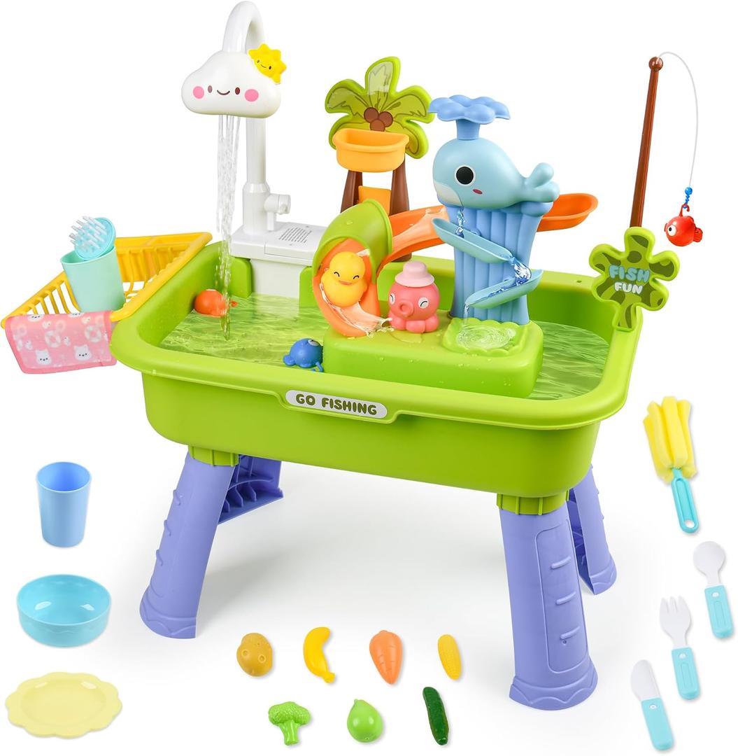 2026 Upgraded Toddler Sand Water Table Toy with Electric Water Pump, Kids Sand Water with Faucet/Play Food Accessories/Fishing Toy, Kitchen Play Sink Toys for Girl Boy Age 3+ (Green)