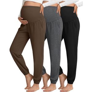 Sweetyweee 3 Pack Women's Maternity Pants Maternity Jogger Sweatpants Over The Belly Stretchy Pregnancy Pants with Pockets(Light Camel,Brown, Black,Small