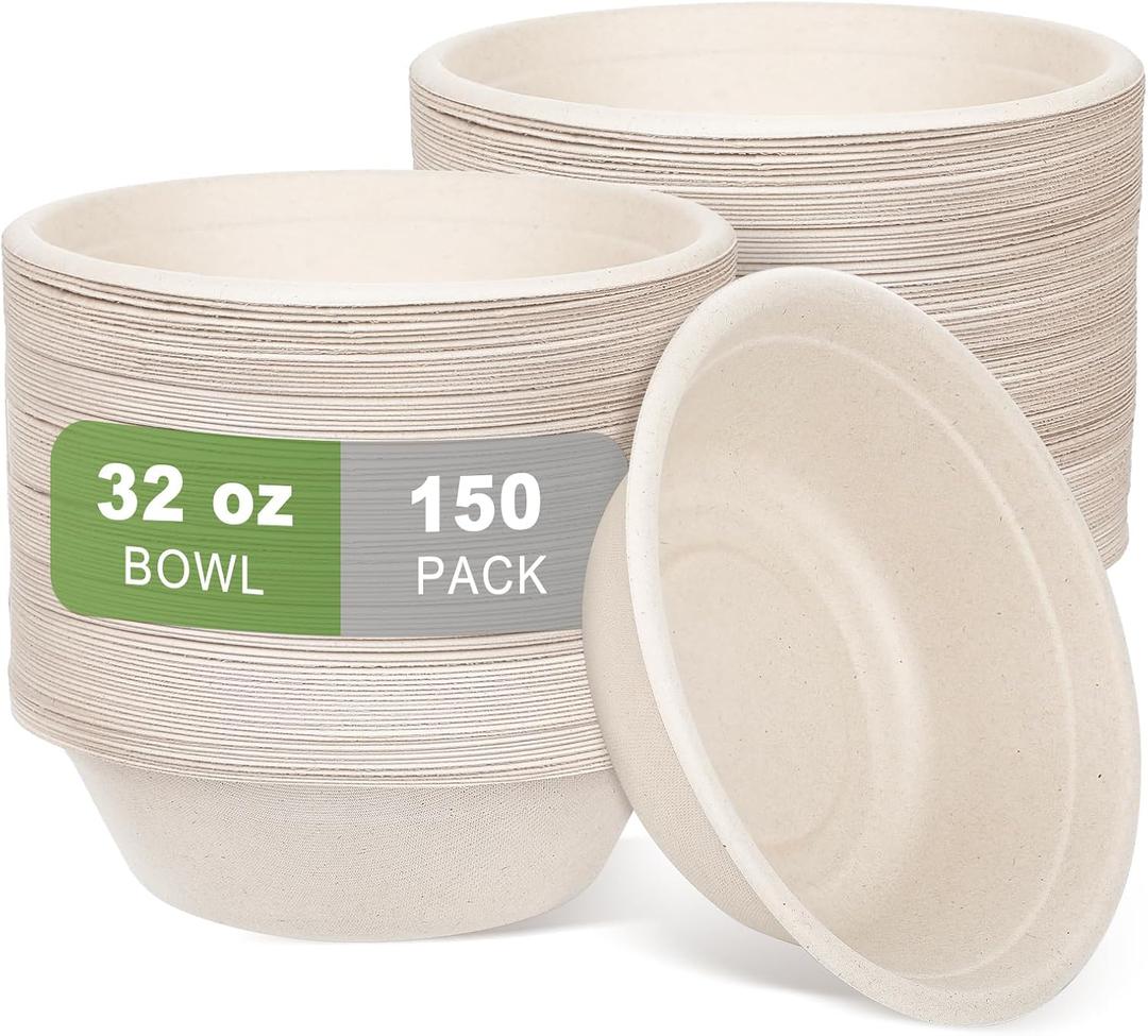 Large Disposable Paper Bowls-32oz for Hot Soup,150 Pack Eco-Friendly, Compostable Bagasse Disposable Heavy Duty Biodegradable Bowls Bulk for Hot Food, Salad, Milk Cereals
