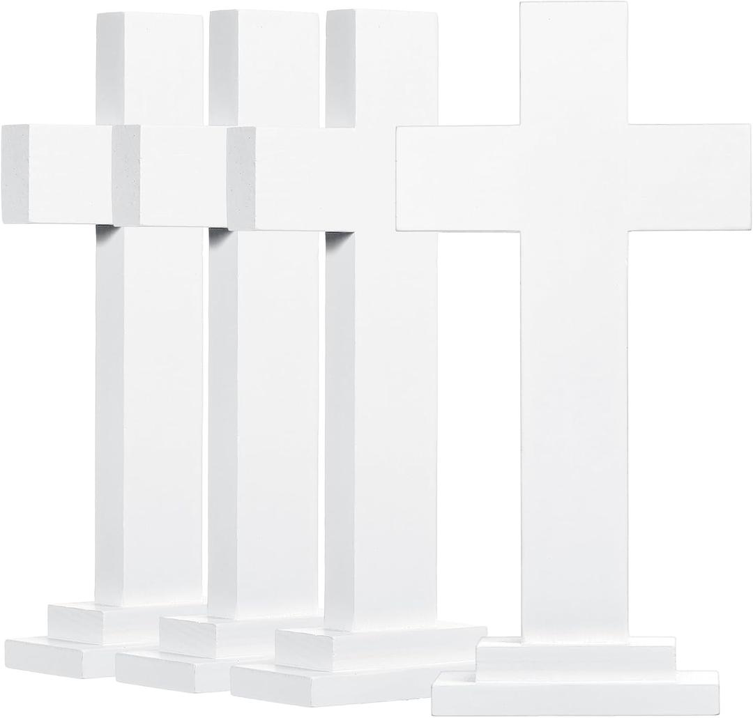 Bucherry 4 Pack 7.87 Inch Wood Crosses with Stand, Wooden Crosses Easter Cross Tabletop Decor Religious Christian Gift Baptism Centerpiece for Table Craft Wedding Church Sunday First Communion (White)