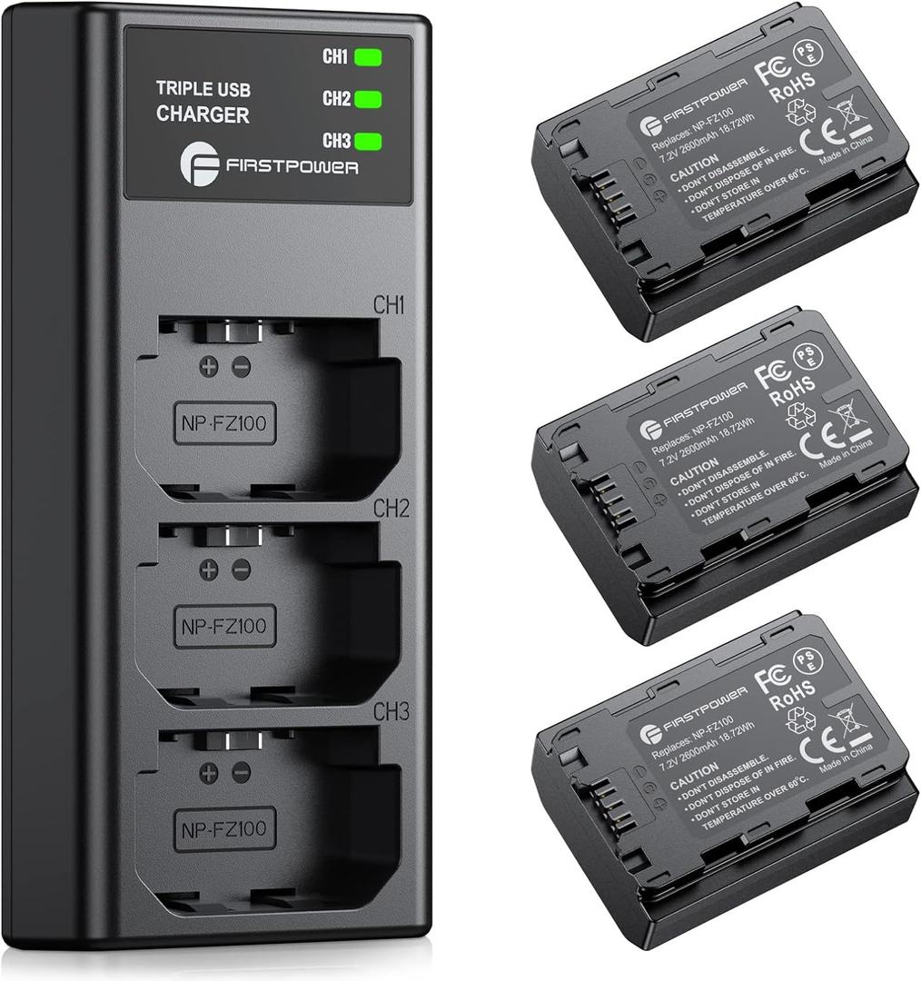 FirstPower NP-FZ100 Battery 3-Pack and Triple Slot Charger for Sony FX3, FX30, A7 III, A7 IV, A7C, A9, A6600, A6700, ZV-E1, ZV-E10 II, A7R3, A7S III/A7S3, A7R III, A7R IV, A7R V Camera