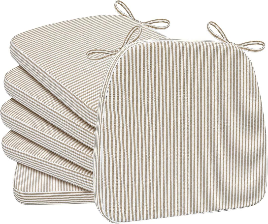AAAAAcessories D-Shaped Chair Cushions, 2" Thick Dining Chair Pads with Ties and Removable, Machine-Washable Cover, 17" x 16", Set of 6, Natural Sand Pinstripe, 6 Count