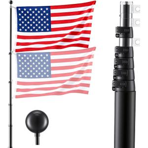 30ft Heavy Duty Telescopic Flagpole Kit for Outside House In Ground, Extra Thick Outdoor Aluminum Flagpole Kit with 3x5 American Flag for Yard, Residential or Commercial Use, Black